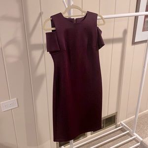 Purple split shoulder dress by Calvin Klein